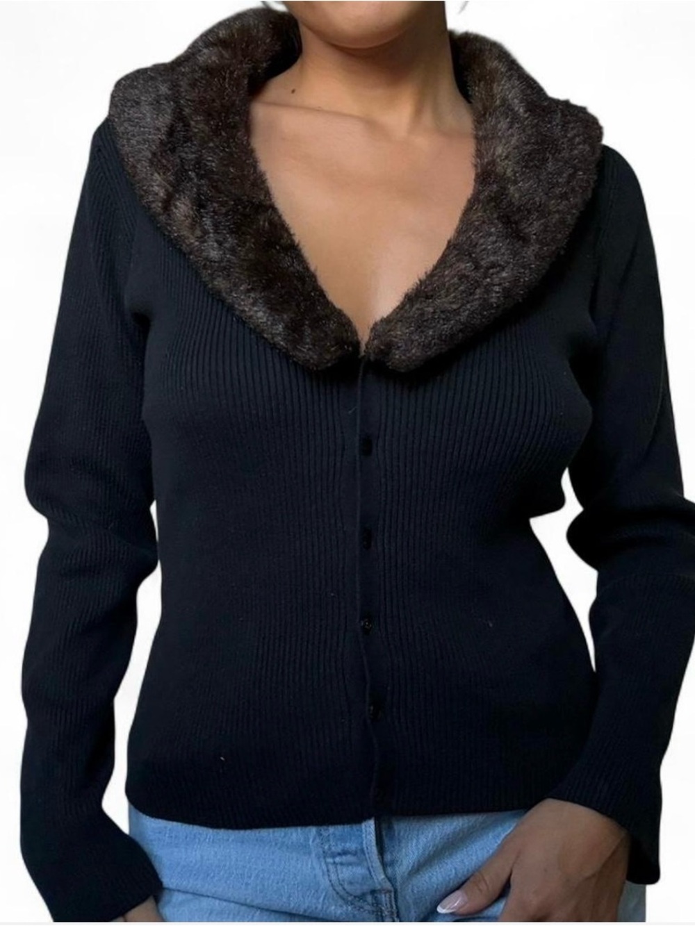 villager y2k black ribbed faux fur collar cardigan sweater cotton